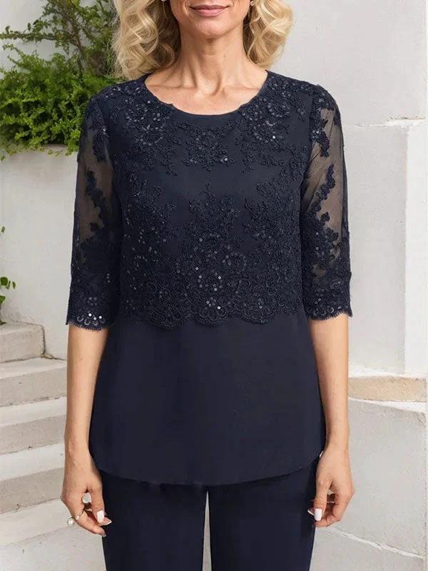 Jumpsuit/Pantsuit Separates Scoop Floor-Length Chiffon Lace Mother of the Bride Dress With Sequins - Image 10