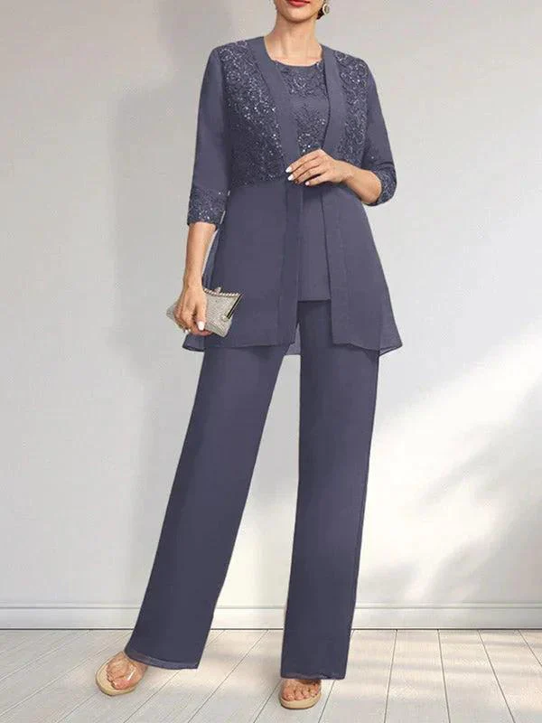 Jumpsuit/Pantsuit Separates Scoop Floor-Length Chiffon Lace Mother of the Bride Dress With Sequins - Image 11