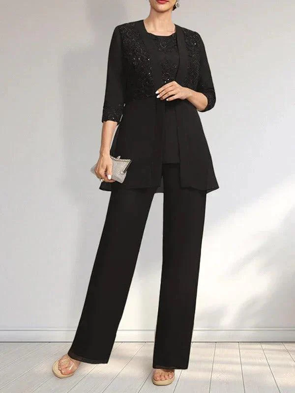 Jumpsuit/Pantsuit Separates Scoop Floor-Length Chiffon Lace Mother of the Bride Dress With Sequins - Image 14