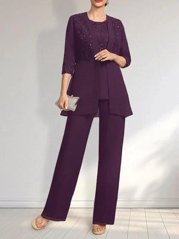 Jumpsuit/Pantsuit Separates Scoop Floor-Length Chiffon Lace Mother of the Bride Dress With Sequins - Image 15