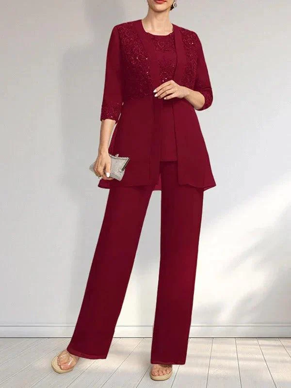 Jumpsuit/Pantsuit Separates Scoop Floor-Length Chiffon Lace Mother of the Bride Dress With Sequins - Image 19