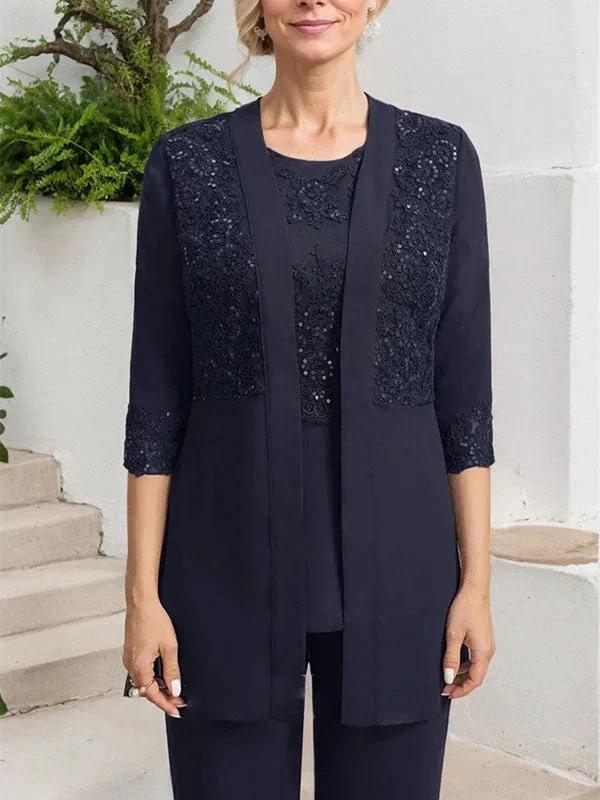 Jumpsuit/Pantsuit Separates Scoop Floor-Length Chiffon Lace Mother of the Bride Dress With Sequins - Image 2