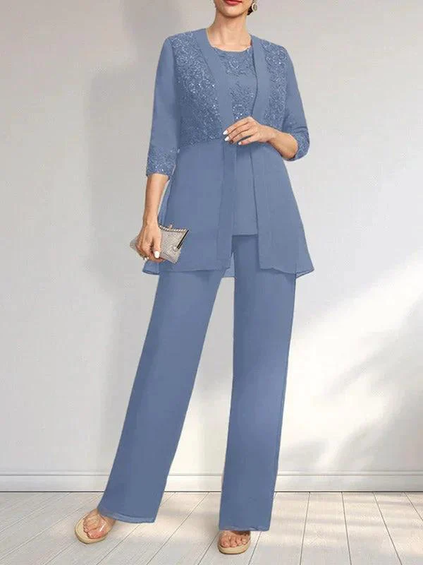 Jumpsuit/Pantsuit Separates Scoop Floor-Length Chiffon Lace Mother of the Bride Dress With Sequins - Image 21