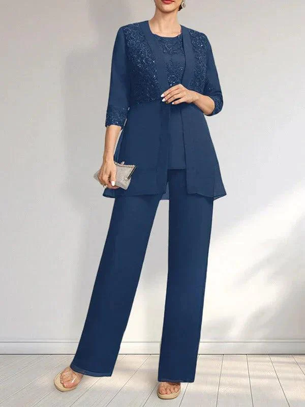 Jumpsuit/Pantsuit Separates Scoop Floor-Length Chiffon Lace Mother of the Bride Dress With Sequins - Image 22