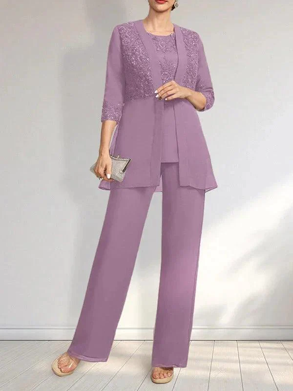 Jumpsuit/Pantsuit Separates Scoop Floor-Length Chiffon Lace Mother of the Bride Dress With Sequins - Image 24