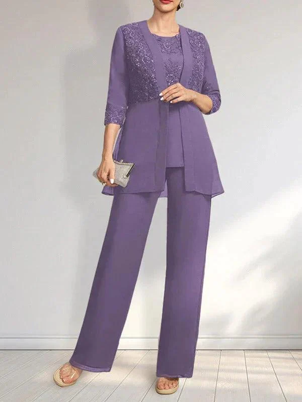 Jumpsuit/Pantsuit Separates Scoop Floor-Length Chiffon Lace Mother of the Bride Dress With Sequins - Image 25