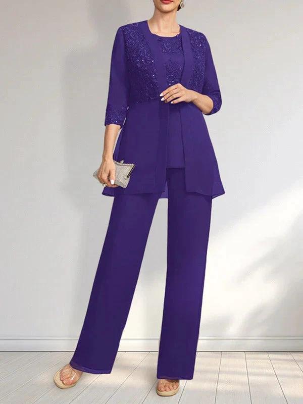 Jumpsuit/Pantsuit Separates Scoop Floor-Length Chiffon Lace Mother of the Bride Dress With Sequins - Image 26