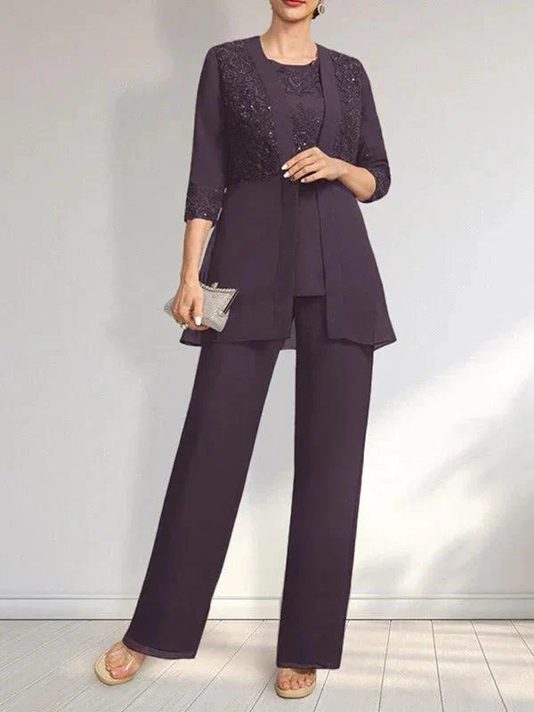 Jumpsuit/Pantsuit Separates Scoop Floor-Length Chiffon Lace Mother of the Bride Dress With Sequins - Image 27