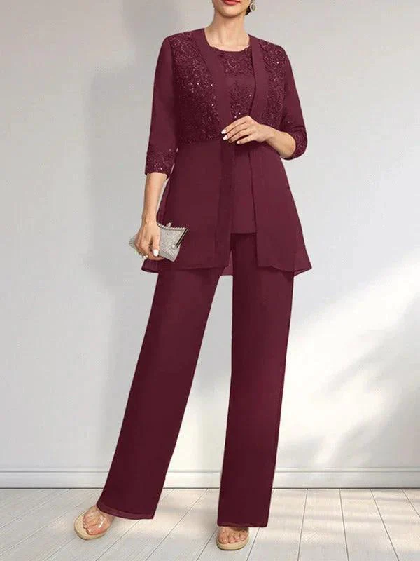 Jumpsuit/Pantsuit Separates Scoop Floor-Length Chiffon Lace Mother of the Bride Dress With Sequins - Image 28