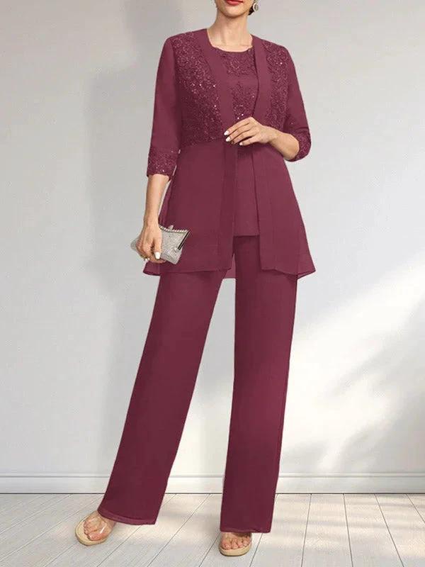Jumpsuit/Pantsuit Separates Scoop Floor-Length Chiffon Lace Mother of the Bride Dress With Sequins - Image 29