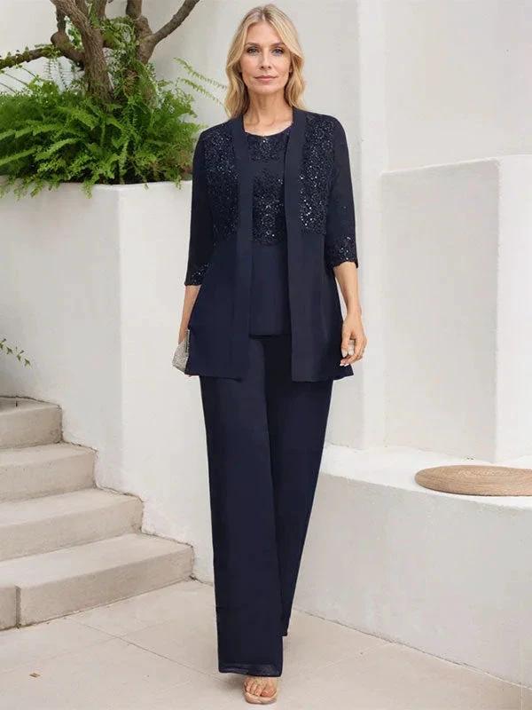 Jumpsuit/Pantsuit Separates Scoop Floor-Length Chiffon Lace Mother of the Bride Dress With Sequins - Image 3