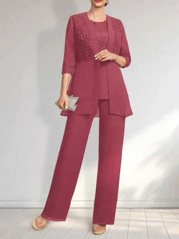 Jumpsuit/Pantsuit Separates Scoop Floor-Length Chiffon Lace Mother of the Bride Dress With Sequins - Image 30