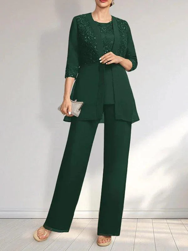 Jumpsuit/Pantsuit Separates Scoop Floor-Length Chiffon Lace Mother of the Bride Dress With Sequins - Image 31
