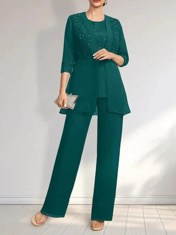 Jumpsuit/Pantsuit Separates Scoop Floor-Length Chiffon Lace Mother of the Bride Dress With Sequins - Image 32