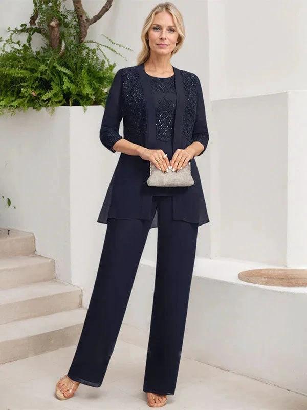 Jumpsuit/Pantsuit Separates Scoop Floor-Length Chiffon Lace Mother of the Bride Dress With Sequins - Image 4