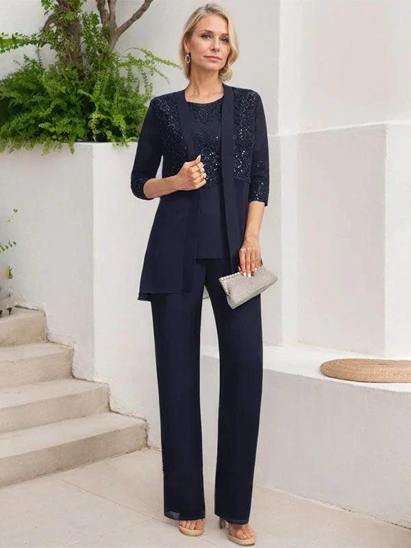 Jumpsuit/Pantsuit Separates Scoop Floor-Length Chiffon Lace Mother of the Bride Dress With Sequins - Image 5
