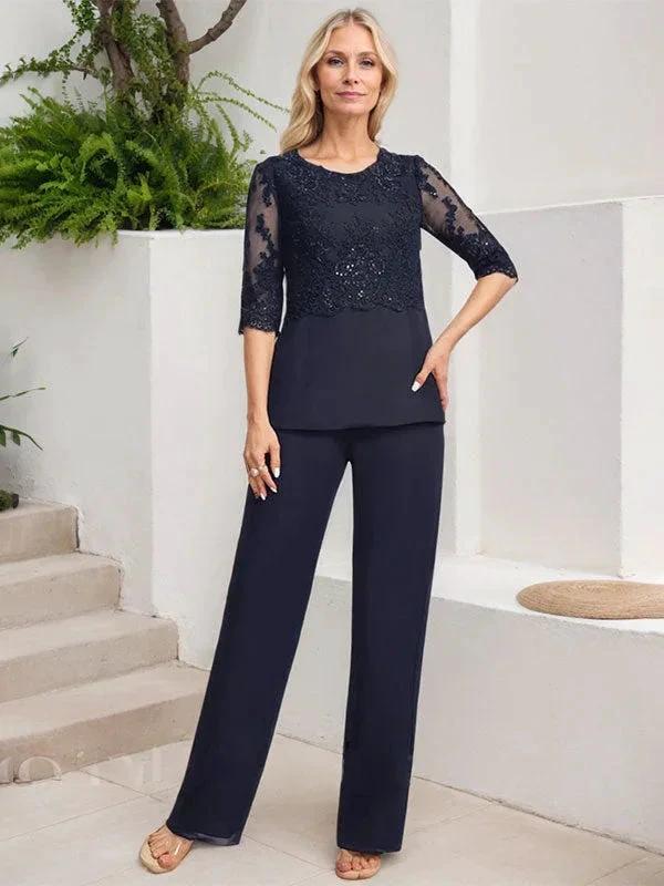 Jumpsuit/Pantsuit Separates Scoop Floor-Length Chiffon Lace Mother of the Bride Dress With Sequins - Image 7