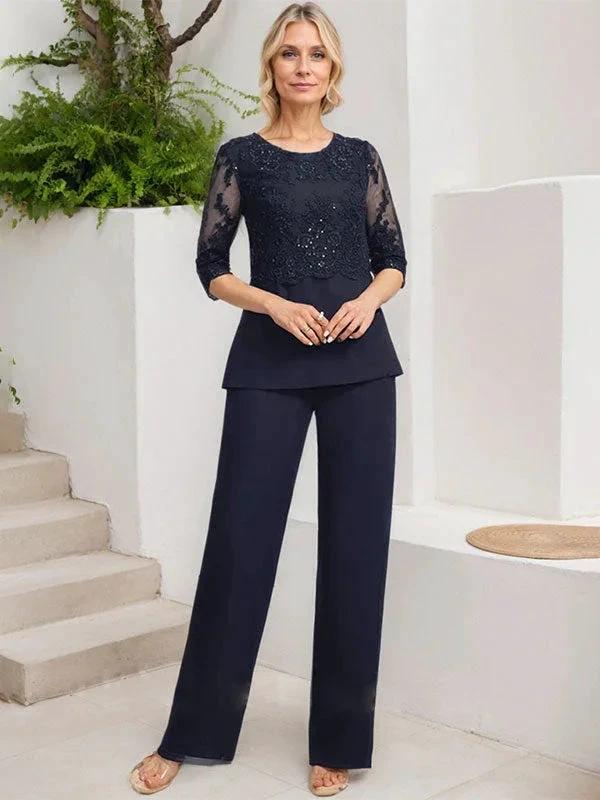Jumpsuit/Pantsuit Separates Scoop Floor-Length Chiffon Lace Mother of the Bride Dress With Sequins - Image 8
