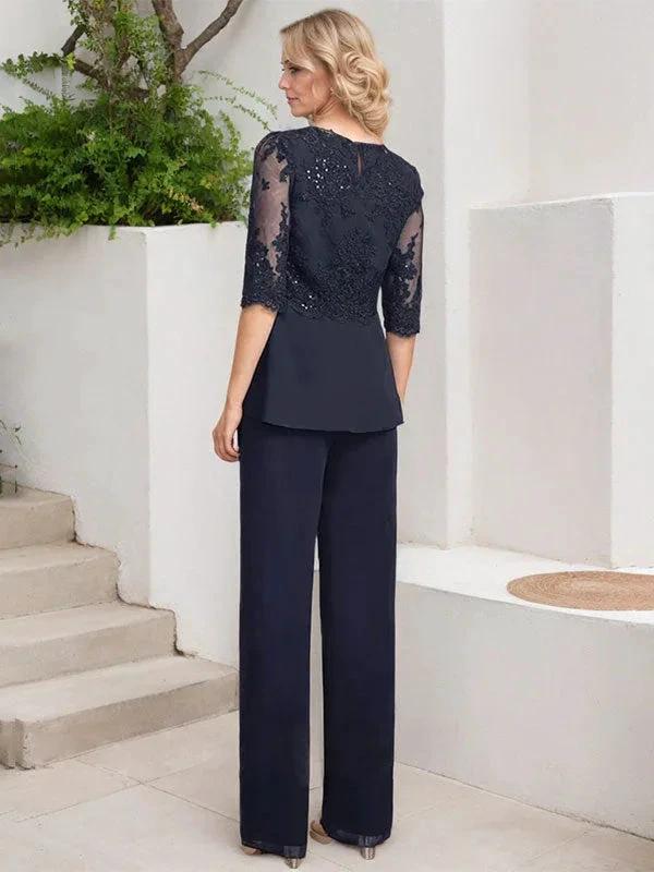 Jumpsuit/Pantsuit Separates Scoop Floor-Length Chiffon Lace Mother of the Bride Dress With Sequins - Image 9