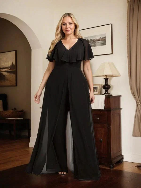 Jumpsuit/Pantsuit V-Neck Floor-Length Chiffon Evening Dress - Image 12