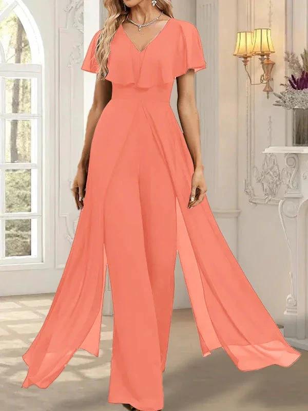 Jumpsuit/Pantsuit V-Neck Floor-Length Chiffon Evening Dress - Image 21