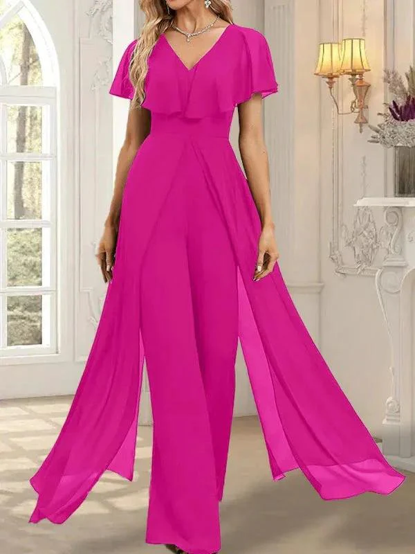Jumpsuit/Pantsuit V-Neck Floor-Length Chiffon Evening Dress - Image 23