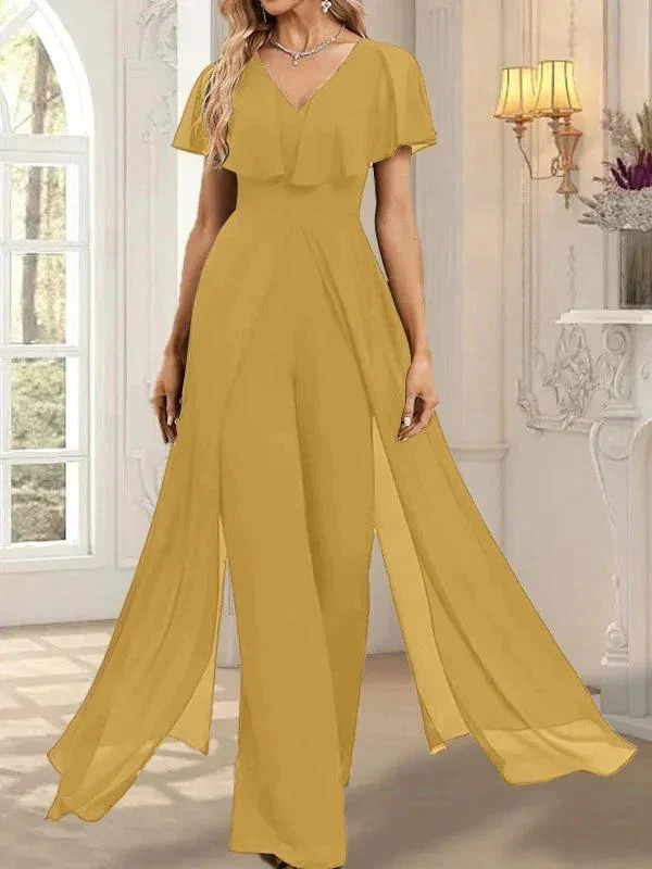 Jumpsuit/Pantsuit V-Neck Floor-Length Chiffon Evening Dress - Image 24