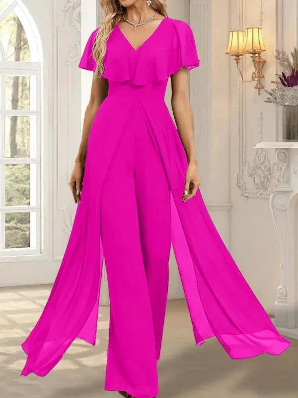 Jumpsuit/Pantsuit V-Neck Floor-Length Chiffon Evening Dress - Image 26