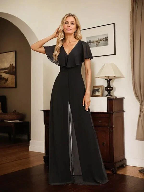 Jumpsuit/Pantsuit V-Neck Floor-Length Chiffon Evening Dress - Image 3