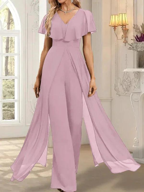 Jumpsuit/Pantsuit V-Neck Floor-Length Chiffon Evening Dress - Image 31