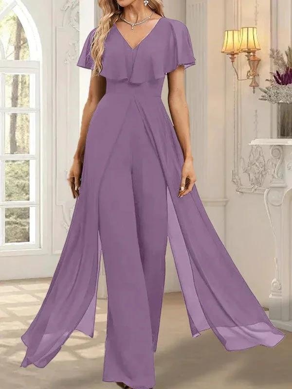 Jumpsuit/Pantsuit V-Neck Floor-Length Chiffon Evening Dress - Image 32