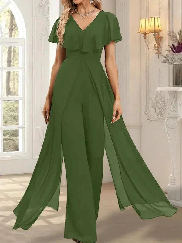 Jumpsuit/Pantsuit V-Neck Floor-Length Chiffon Evening Dress - Image 35