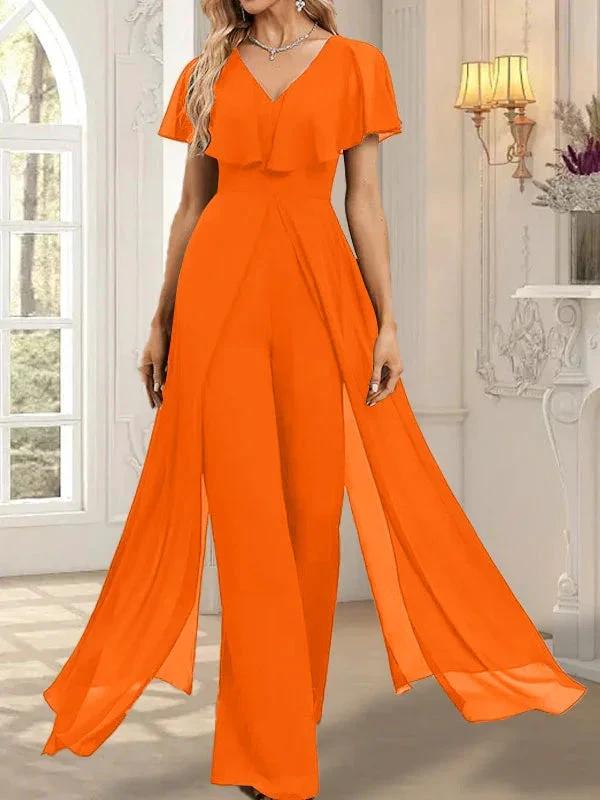 Jumpsuit/Pantsuit V-Neck Floor-Length Chiffon Evening Dress - Image 36