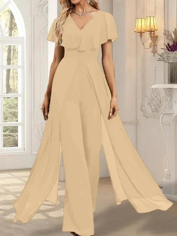Jumpsuit/Pantsuit V-Neck Floor-Length Chiffon Evening Dress - Image 37