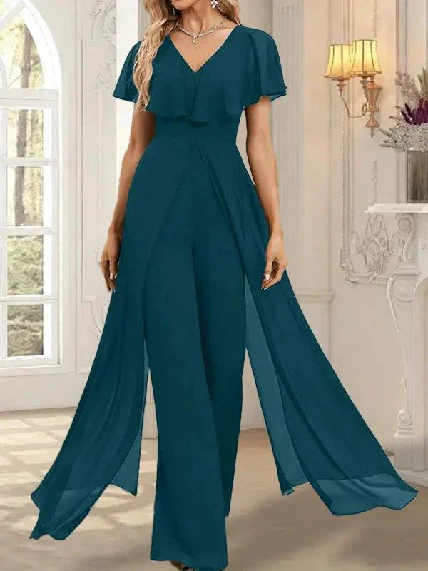 Jumpsuit/Pantsuit V-Neck Floor-Length Chiffon Evening Dress - Image 38