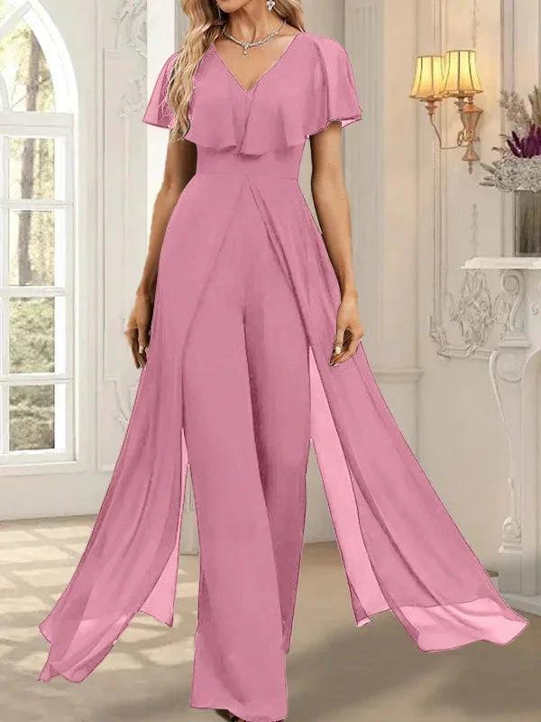 Jumpsuit/Pantsuit V-Neck Floor-Length Chiffon Evening Dress - Image 39