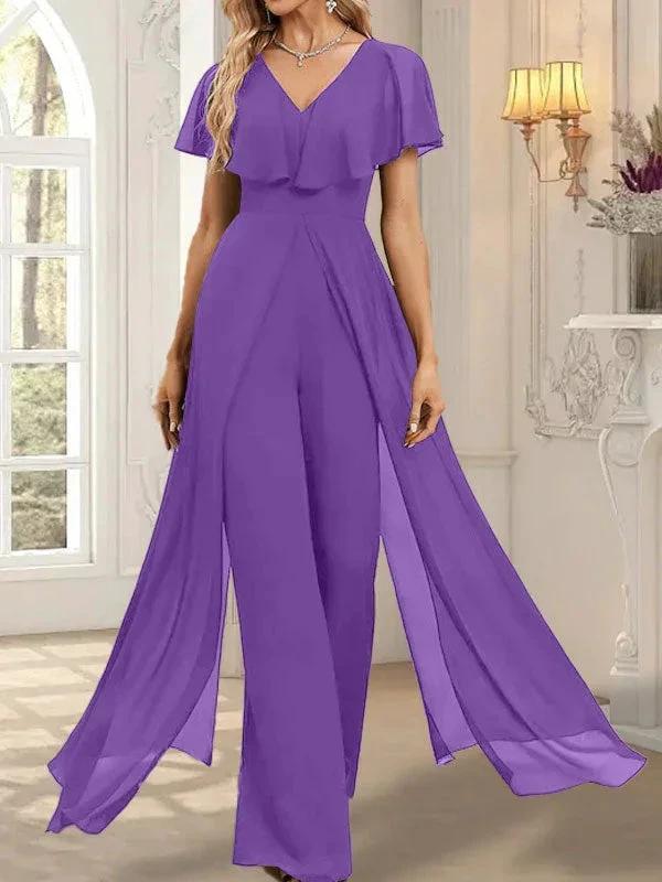 Jumpsuit/Pantsuit V-Neck Floor-Length Chiffon Evening Dress - Image 40