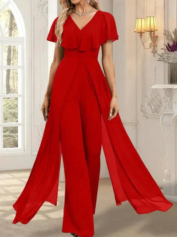 Jumpsuit/Pantsuit V-Neck Floor-Length Chiffon Evening Dress - Image 41