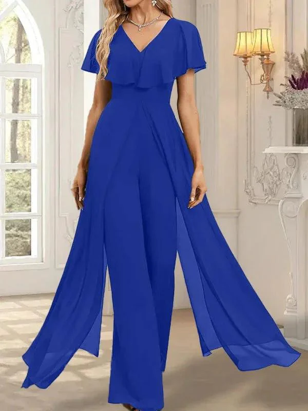 Jumpsuit/Pantsuit V-Neck Floor-Length Chiffon Evening Dress - Image 42