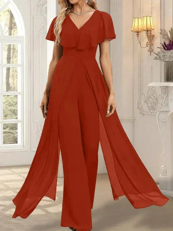 Jumpsuit/Pantsuit V-Neck Floor-Length Chiffon Evening Dress - Image 43