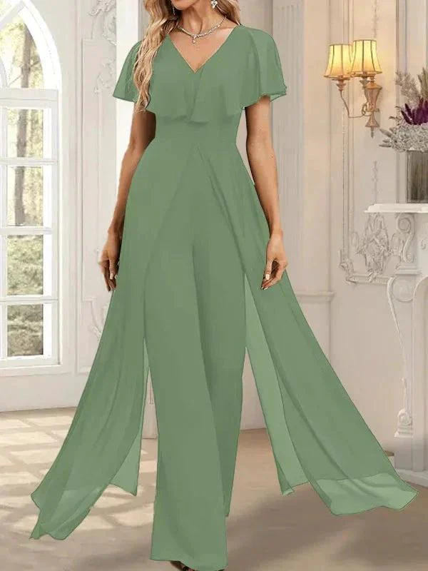 Jumpsuit/Pantsuit V-Neck Floor-Length Chiffon Evening Dress - Image 44