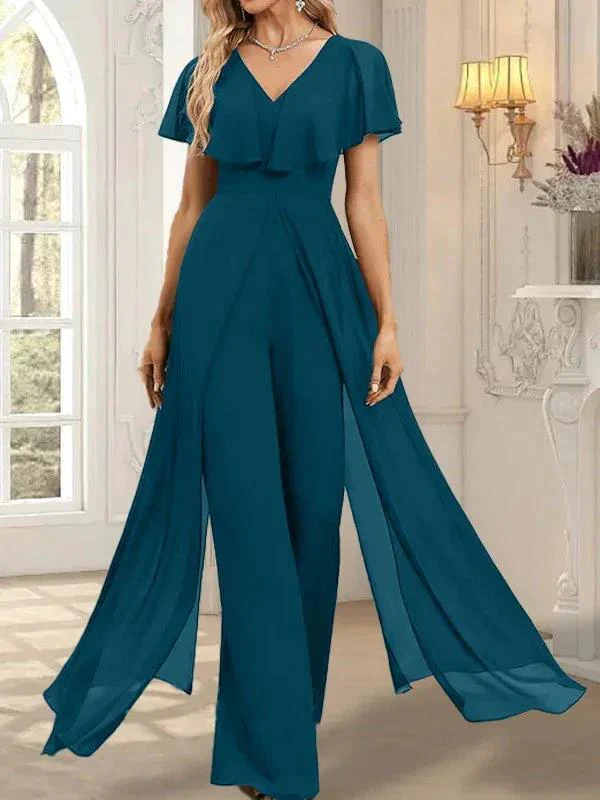 Jumpsuit/Pantsuit V-Neck Floor-Length Chiffon Evening Dress - Image 46