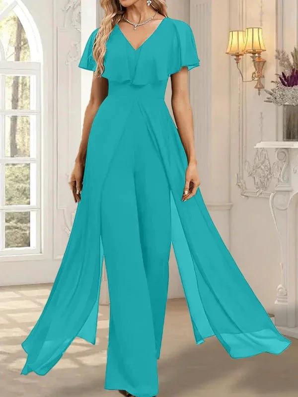 Jumpsuit/Pantsuit V-Neck Floor-Length Chiffon Evening Dress - Image 47