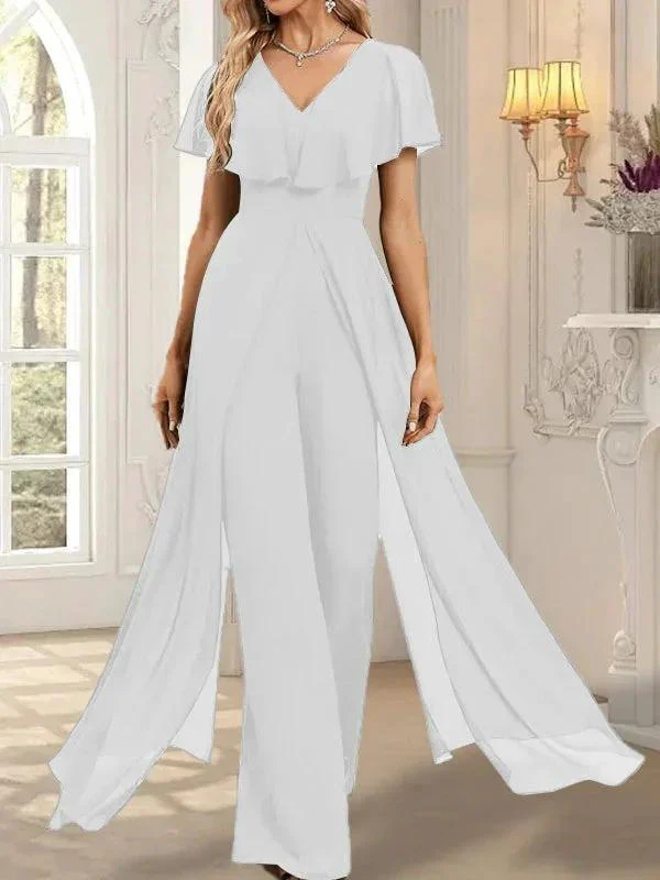Jumpsuit/Pantsuit V-Neck Floor-Length Chiffon Evening Dress - Image 48