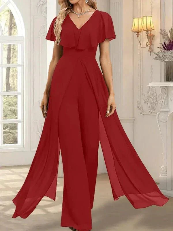 Jumpsuit/Pantsuit V-Neck Floor-Length Chiffon Evening Dress - Image 49