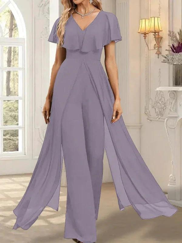 Jumpsuit/Pantsuit V-Neck Floor-Length Chiffon Evening Dress - Image 50