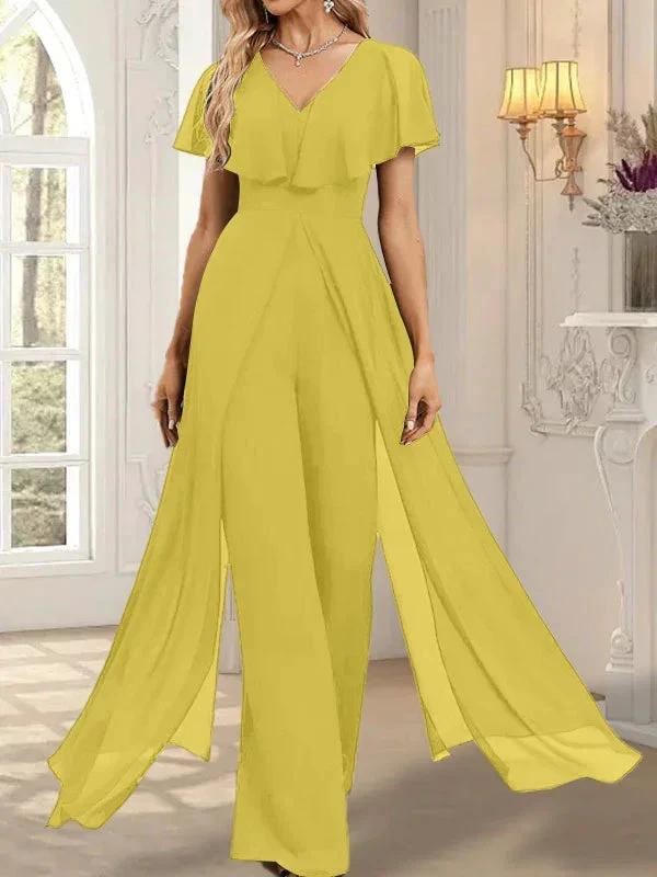Jumpsuit/Pantsuit V-Neck Floor-Length Chiffon Evening Dress - Image 51