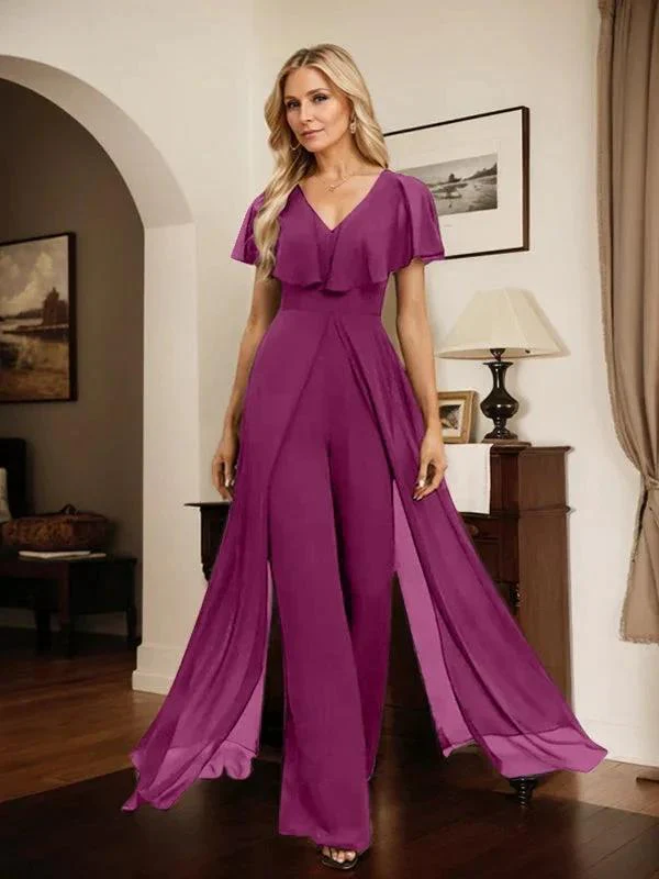 Jumpsuit/Pantsuit V-Neck Floor-Length Chiffon Evening Dress - Image 52