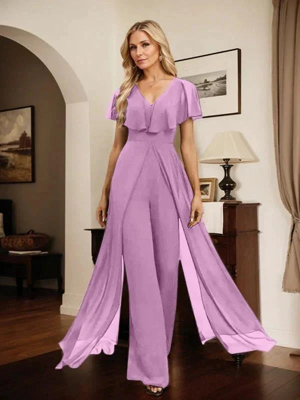 Jumpsuit/Pantsuit V-Neck Floor-Length Chiffon Evening Dress - Image 56