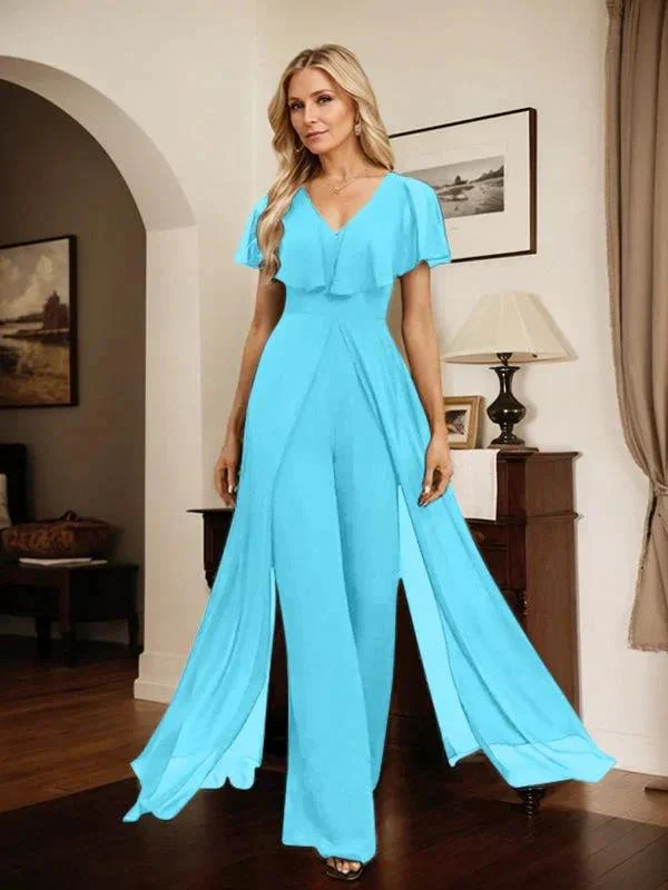 Jumpsuit/Pantsuit V-Neck Floor-Length Chiffon Evening Dress - Image 57